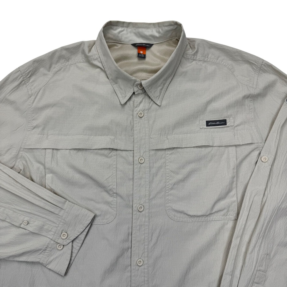 Eddie Bauer Mens 3XL Beige Micro Check LS Roll Tab Utility Fishing Shirt